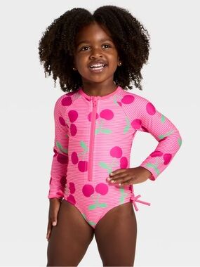Cat & Jack Neon Cherries Long Sleeve Pink Toddler Swim Swimsuit Rashguard 4T